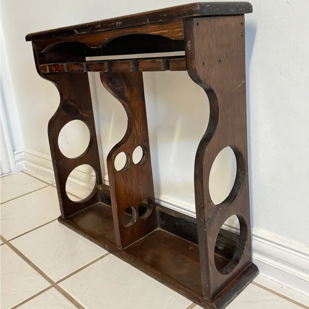 vintage wall-mounted wooden wine and stemware Bottle / 6 Glass Wine Rack / Shelf